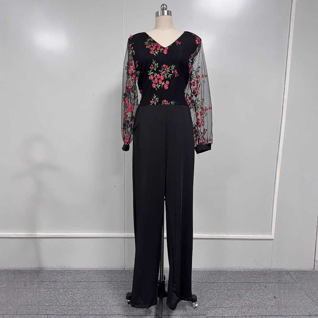 Dame jumpsuit med blomster spid top og vidde ben Stilla