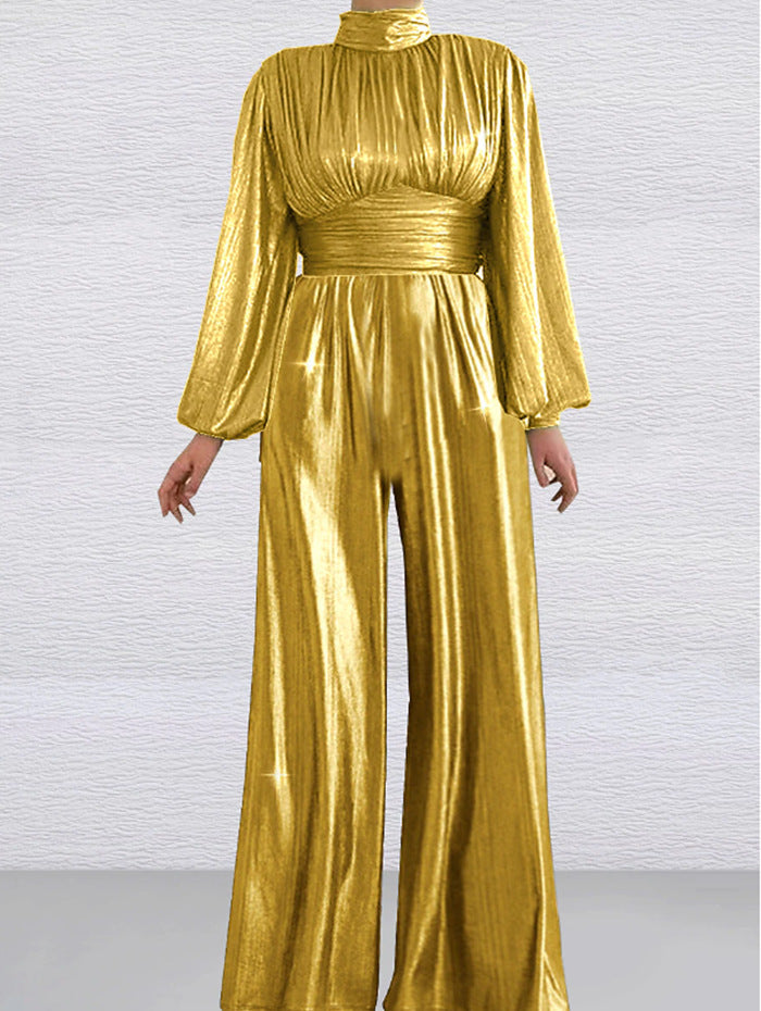 Dame Glamourøs Jumpsuit med Ballonærmer og Høj Krave Stilla