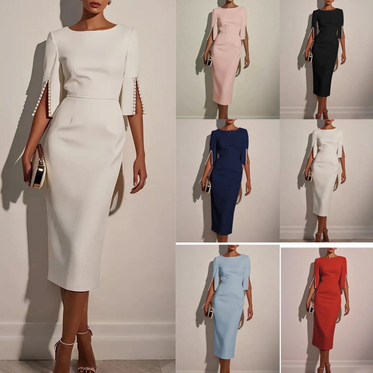 Dame elegant brudekjole med lange ærmer og perleudsmykninger Stilla