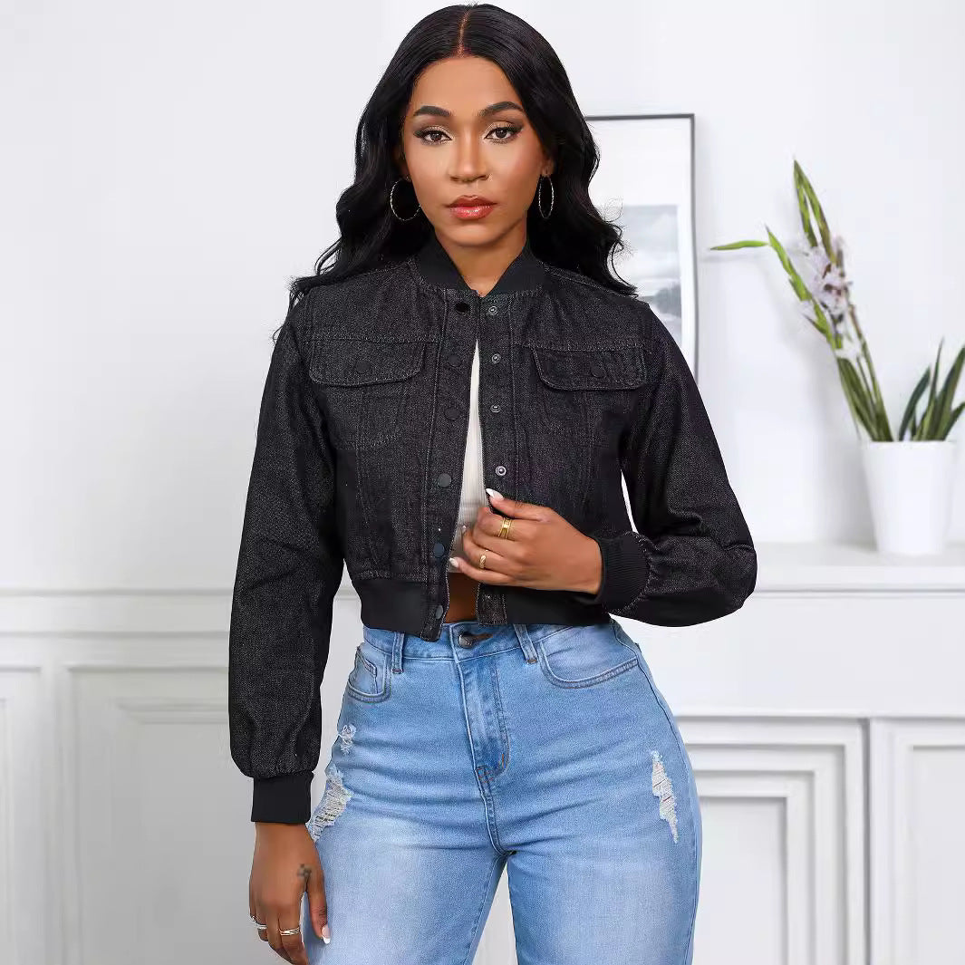 Dame cropped Denim-jakke med praktiske lommer og elastiske manchetter Stilla