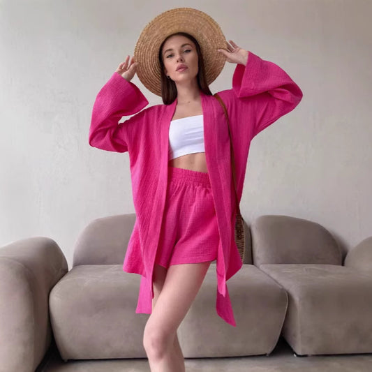 Dame afslappet Kimono-jakke med bælte og åbne ærmer Stilla