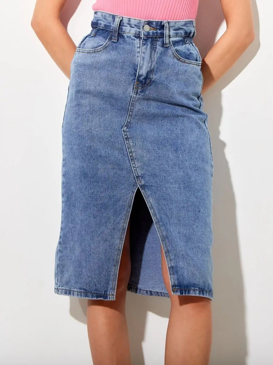 Dame denim midi nederdel med høj slids og alsidigt design Stilla