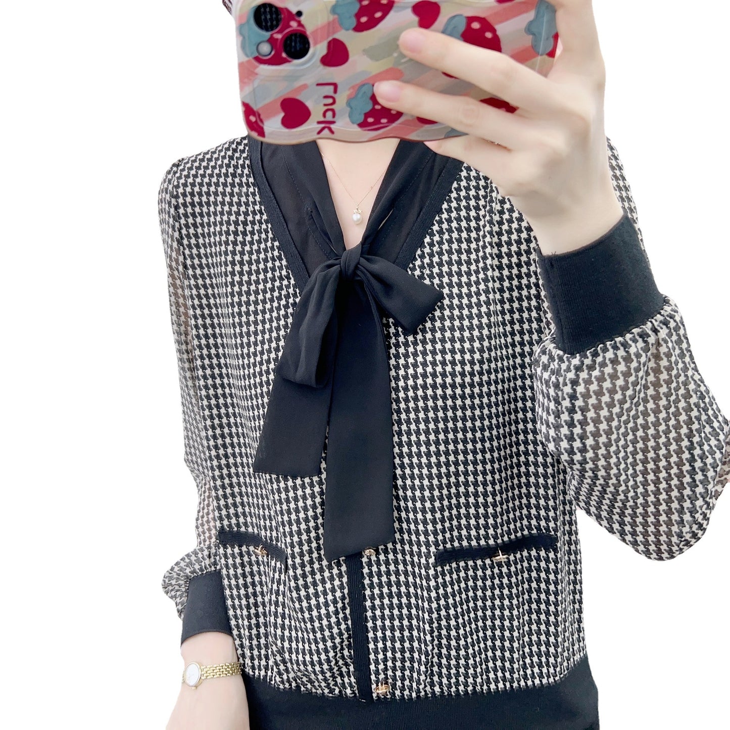 Dame elegant bluse med generøs sløjfekrave og gennemsigtige ærmer Stilla