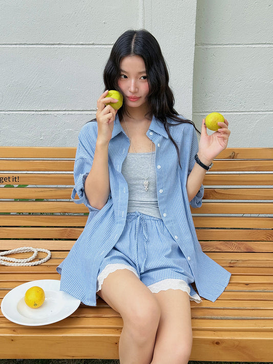 Dame afslappet kortærmet skjorte og shorts sæt med spidse accenter Stilla