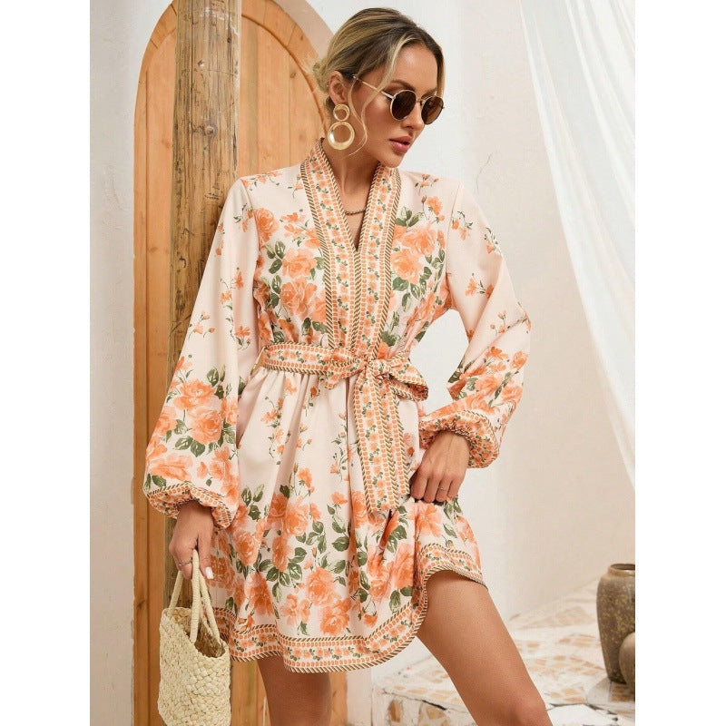 Dame Elegant Blomstertryk Kimono Kjole Stilla