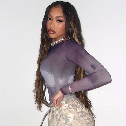 Dame Langærmet Bodysuit med moderne Pixelmønster Stilla