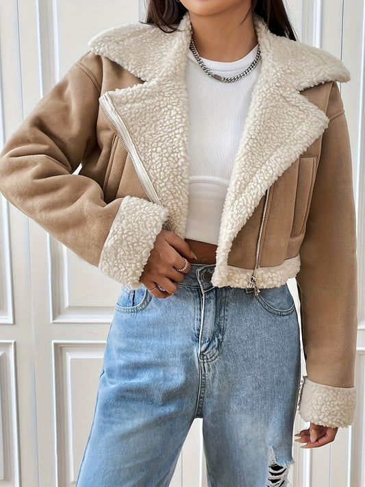 Dame elegant cropped jakke med teddyfur og lynlås Stilla