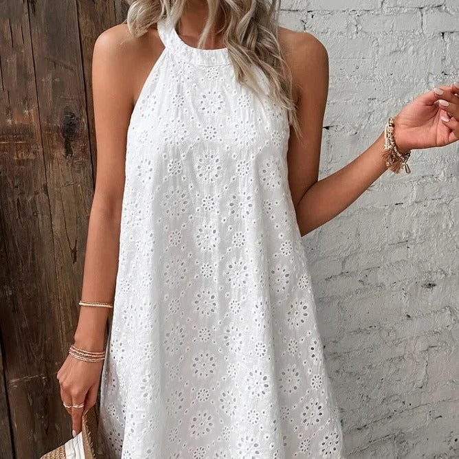 Dame afslappet bomuldskjole med spidsbroderi Stilla