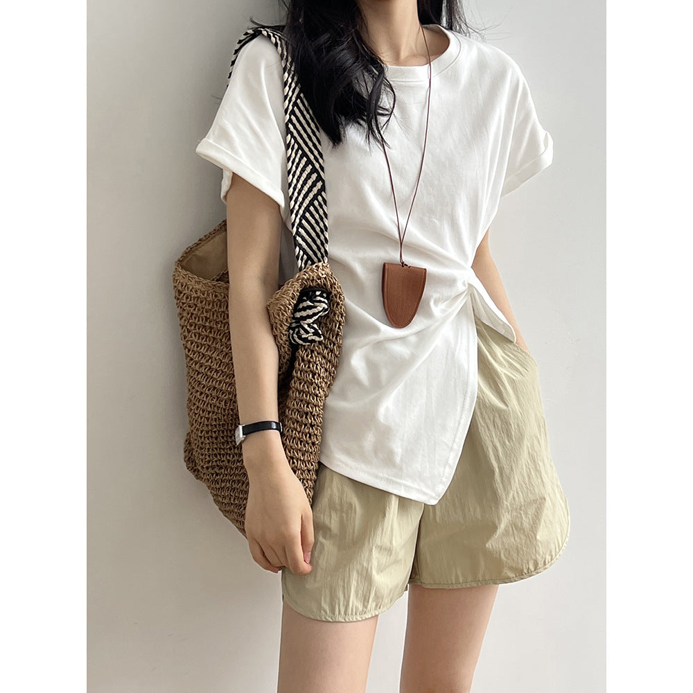 Dame afslappet knude t-shirt lavet af kvalitets bomuld med rullet ærme Stilla