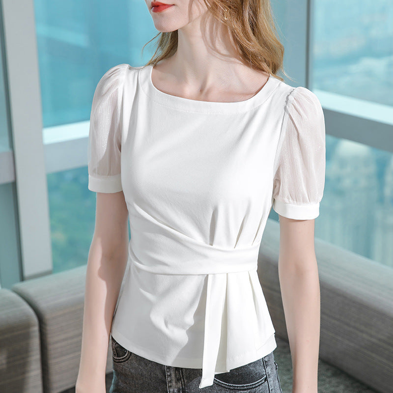 Dame elegant indpakningsoberl med puffærmer og sart bindebælte Stilla