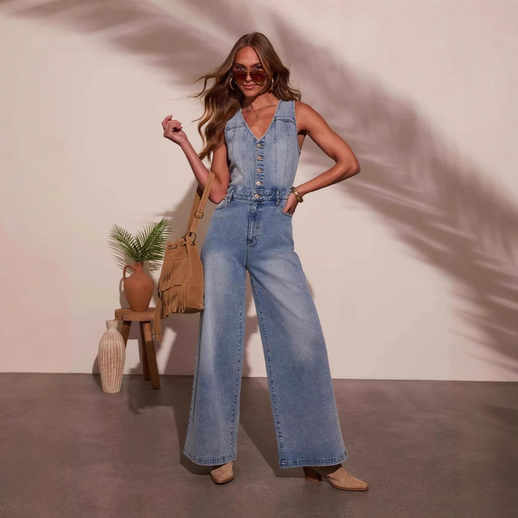 Damer Jumpsuit med bredt skårne ben og elegant knapliste Stilla