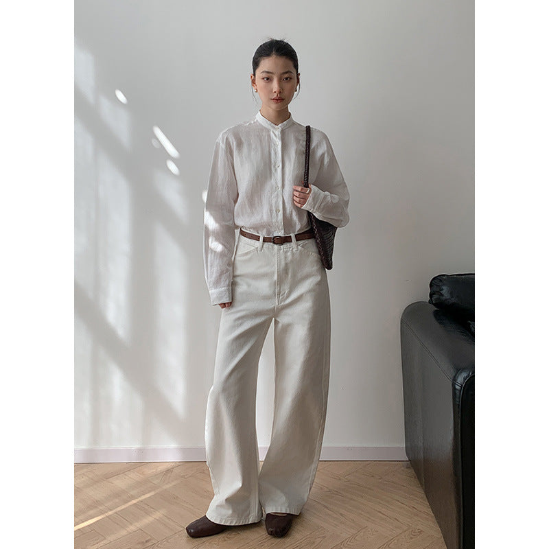 Dame afslappet langærmet skjorte med knapdetaljer og mandarin-krave Stilla