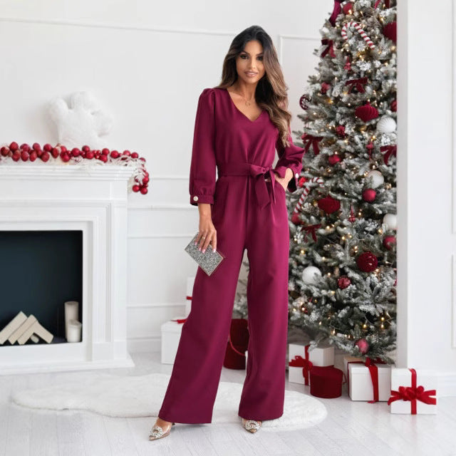 Dame Elegant V-hals Jumpsuit med bindebælte Stilla