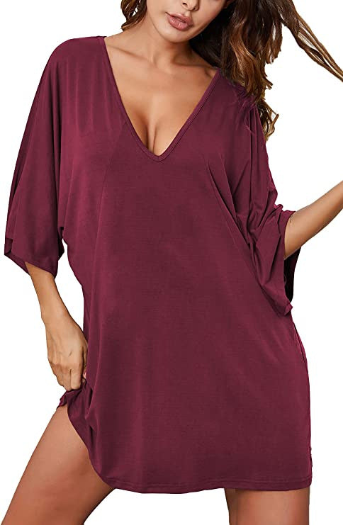 Dame afslappet strandkjole med dyb V-hals og vidt skårede ærmer Stilla