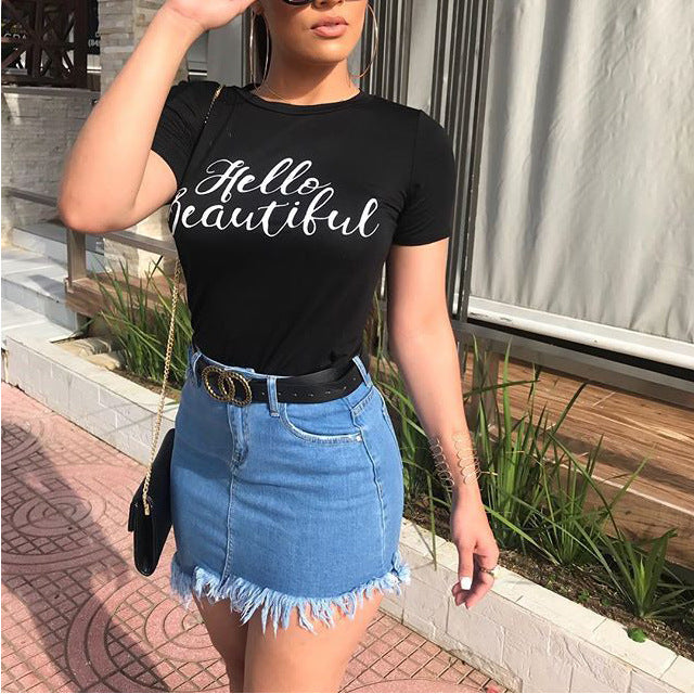 Dame denim-nederdel med frynset kant og høj talje Stilla