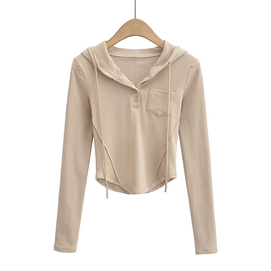 Dame afslappet langærmet hoodie med knapliste og praktiske lommer Stilla