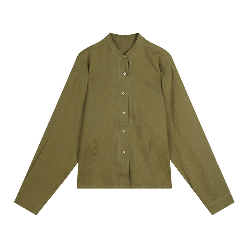 Dame afslappet langærmet skjorte med knapdetaljer og mandarin-krave Stilla