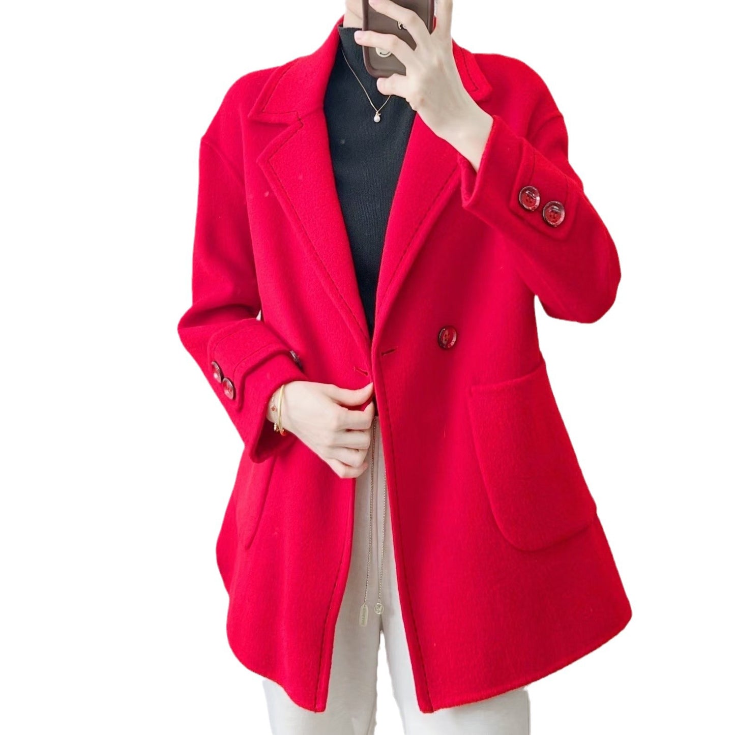 Dame Dobbelt række Uld Jakke med store lommer og elegante knapper Stilla