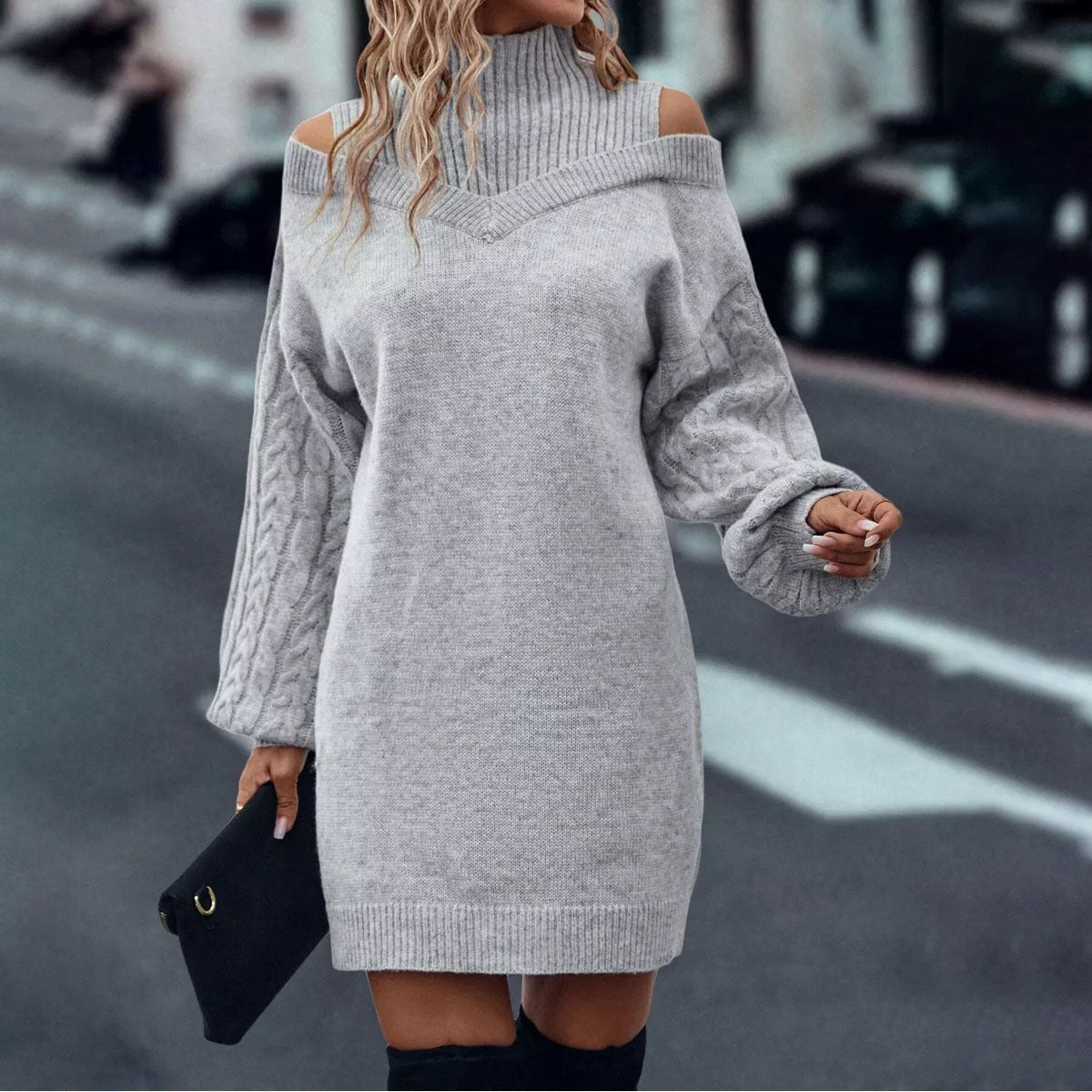 Femme Off-Shoulder Kabelstrik Pullover Kjole Stilla
