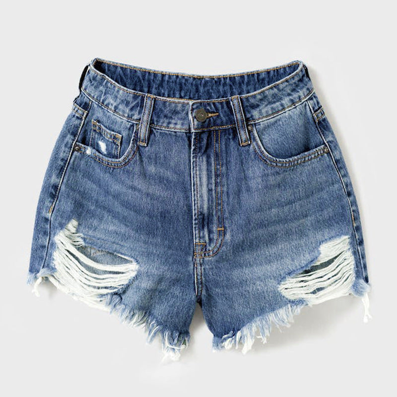 Dame Destroyed Denim Shorts med høj talje og frynset kant Stilla