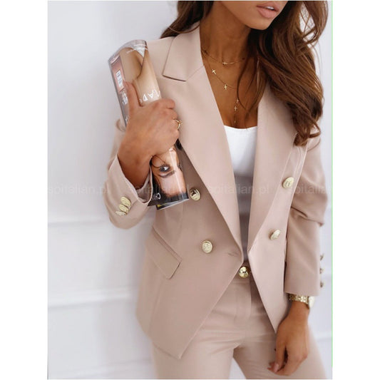 Dame Elegant Blyantsuit med dobbelt knaplukning og gyldne detaljer Stilla