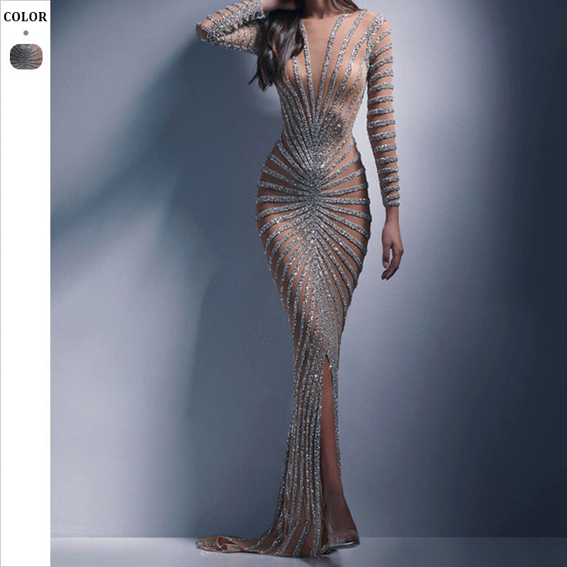 Dame Elegant aftenkjole med skinnende pailletter og gennemsigtige indsatser Stilla