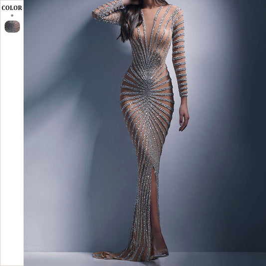 Dame Elegant aftenkjole med skinnende pailletter og gennemsigtige indsatser Stilla