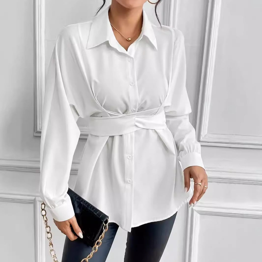 Dame elegant bluse med figursyet bælte og struktureret krave Stilla