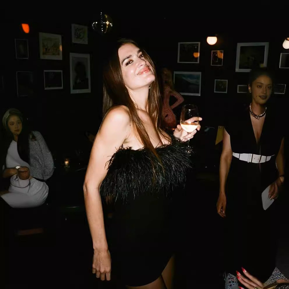 Dame Elegant festkjole med fjerdetaljer Stilla