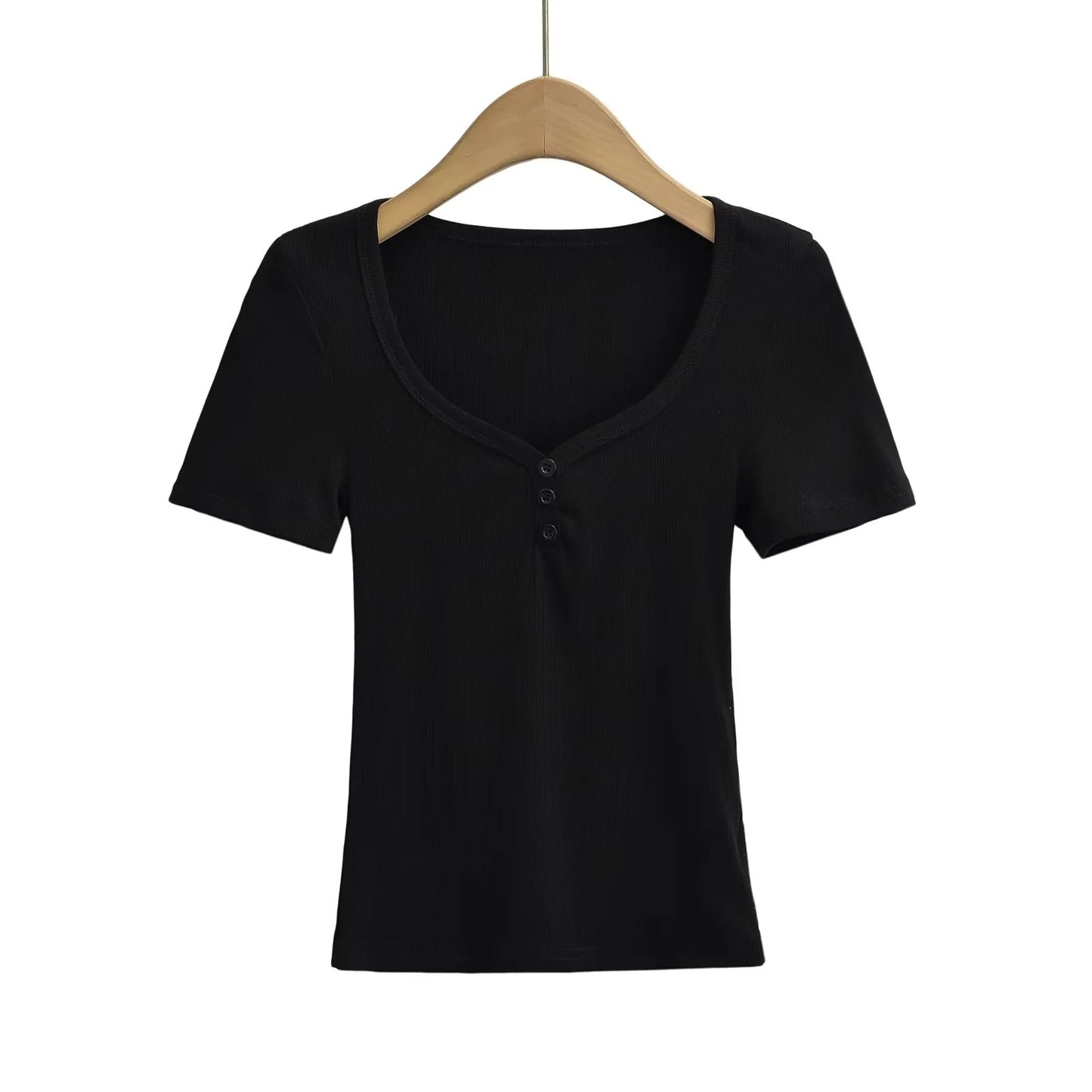 Dame elegant basis-overdel med dyb rund halsudskæring og knapdetaljer Stilla