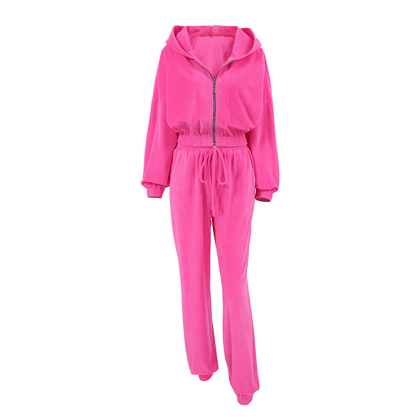 Dame loungewear-sæt i blød velour med praktisk lynlås og elastisk talje Stilla