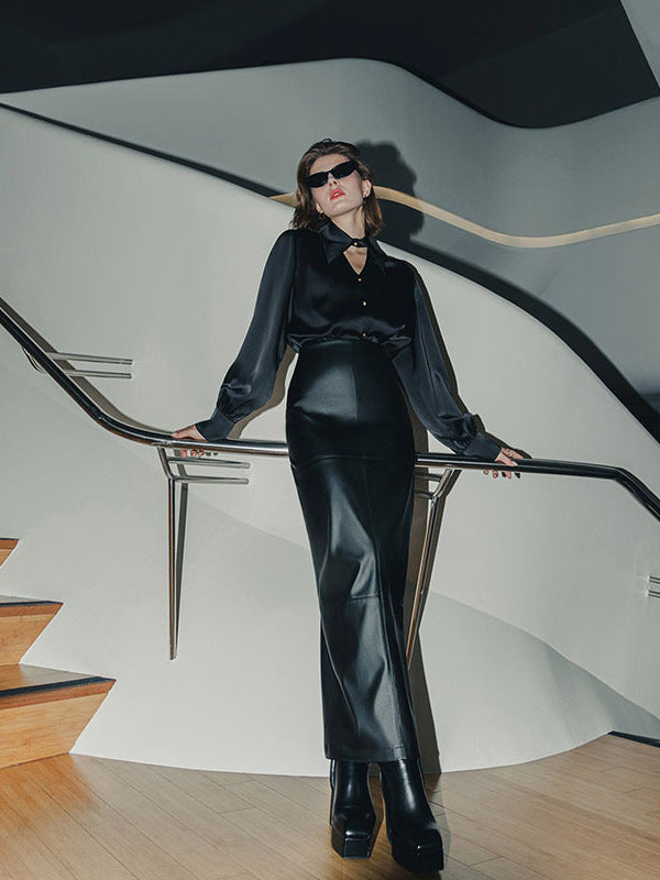 Dame Elegant Bluse med omslagkrave og knapdetaljer Stilla