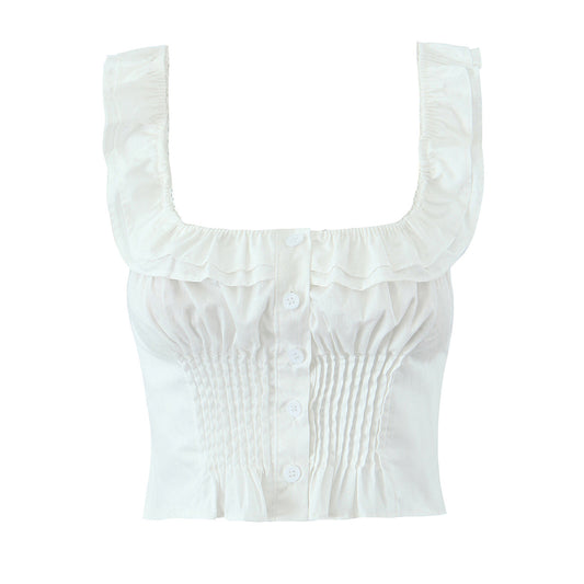 Dame Cropped top med flæsedetaljer og dekorative knaplukninger Stilla