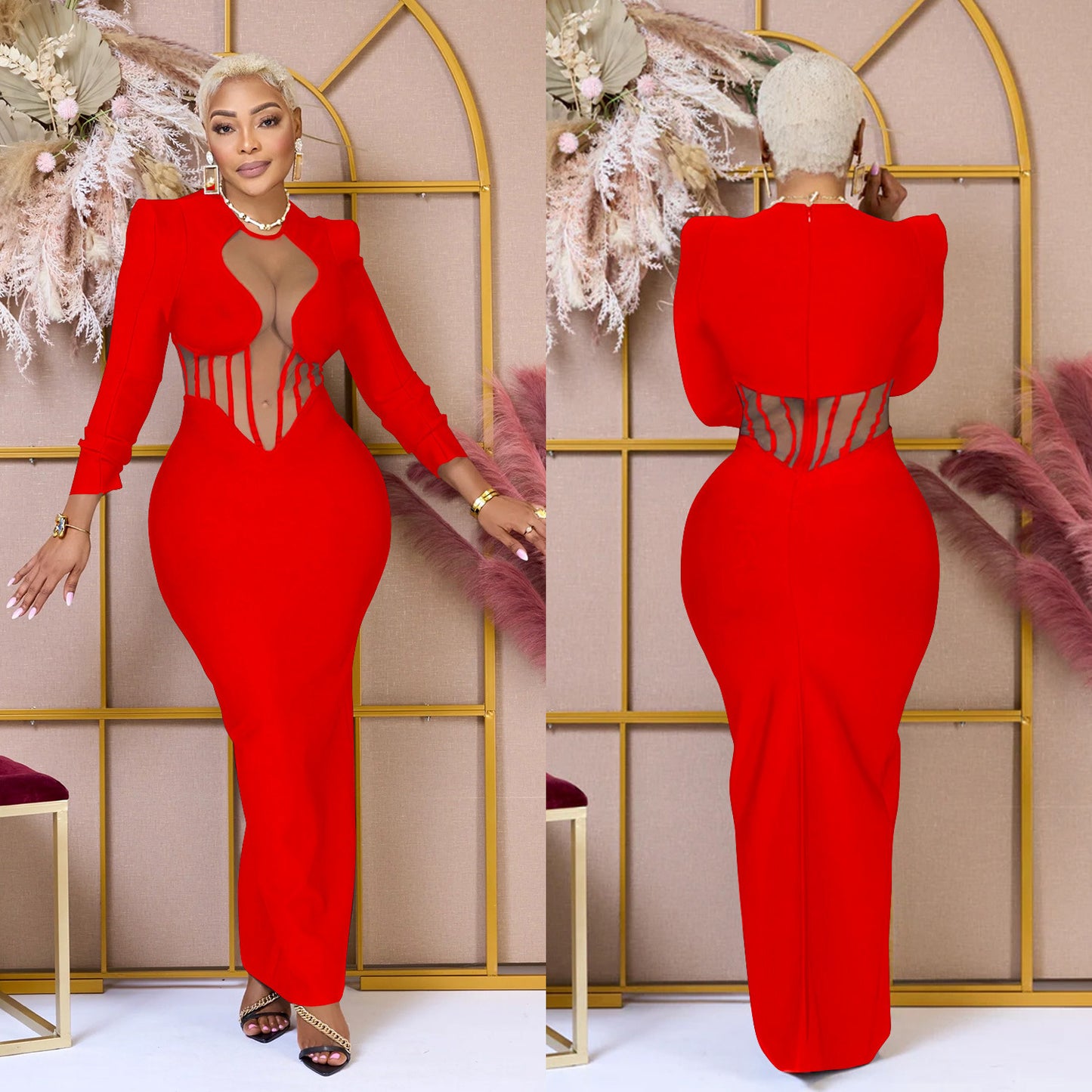 Dame Elegant aftenkjole med gennemsigtige indsatser og tætsiddende snit Stilla