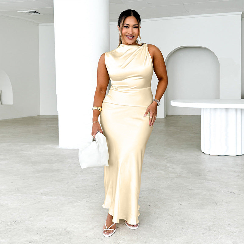 Dame Elegant Bodycon-maxikjole med asymmetrisk udskæring og satinlignende finish Stilla