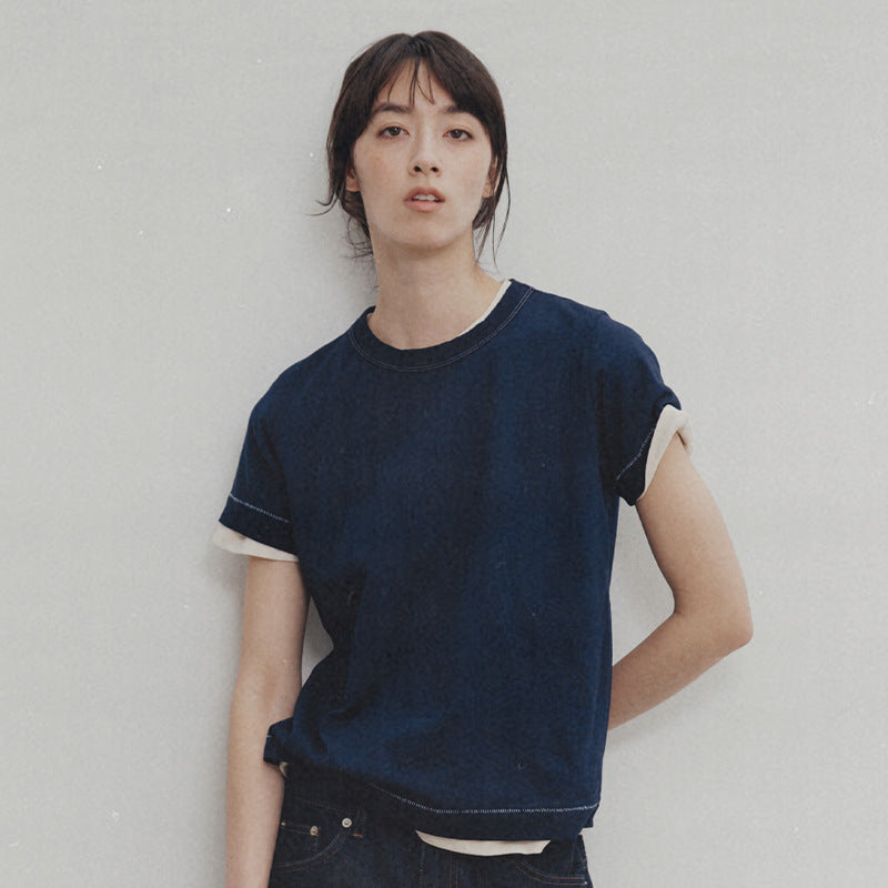 Dame afslappet kortærmet skjorte med stribet udskæring Stilla