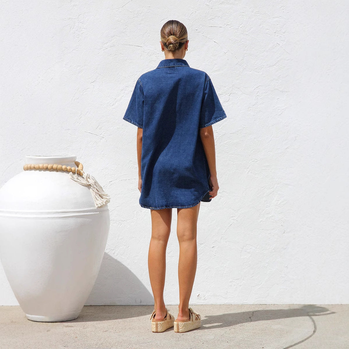Dame Denim Skjortekjole med korte ærmer og praktiske lommer Stilla