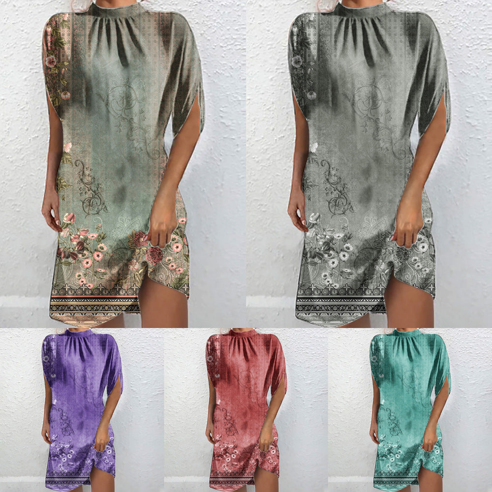 Dame Elegant Høj Hals Blomster Mini Kjole Stilla