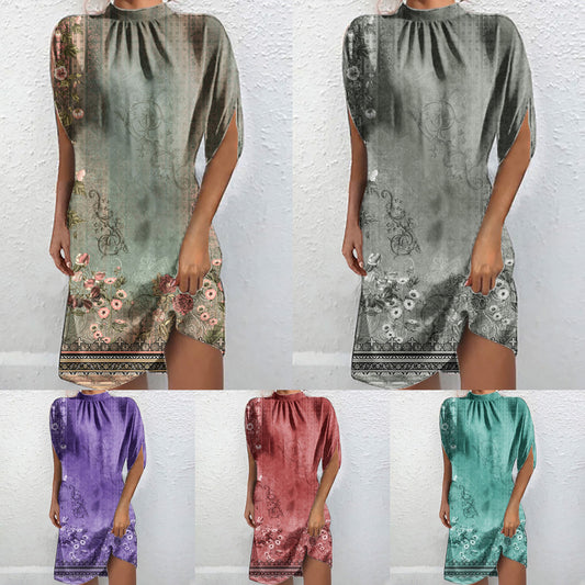 Dame Elegant Høj Hals Blomster Mini Kjole Stilla