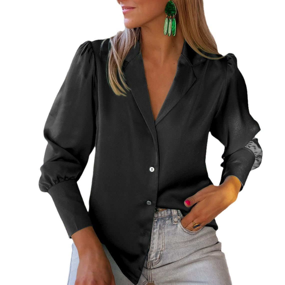 Dame elegant bluse med dyb V-udskæring og smidig bomuldsblanding Stilla