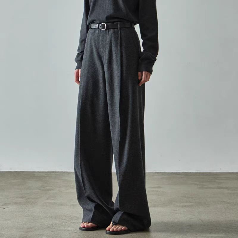 Dame elegant bred uldbukser med høj talje og mode bindebælte Stilla