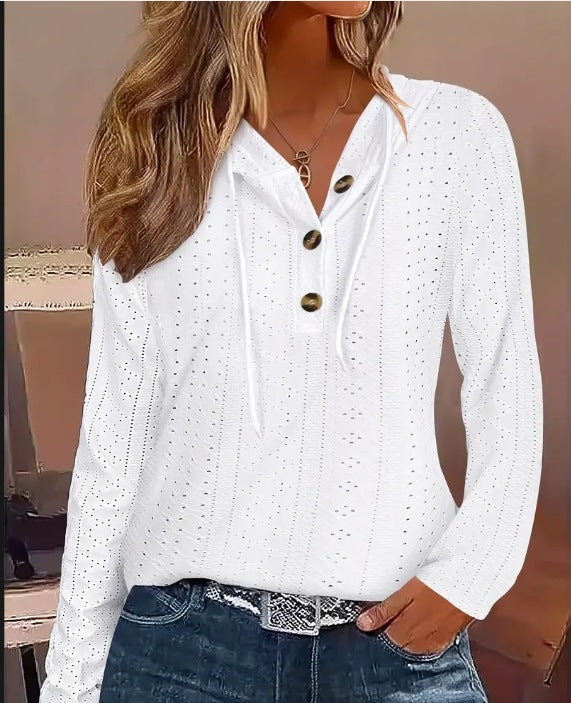 Dame afslappet longsleeve top med dekorative knapper og høj krave Stilla