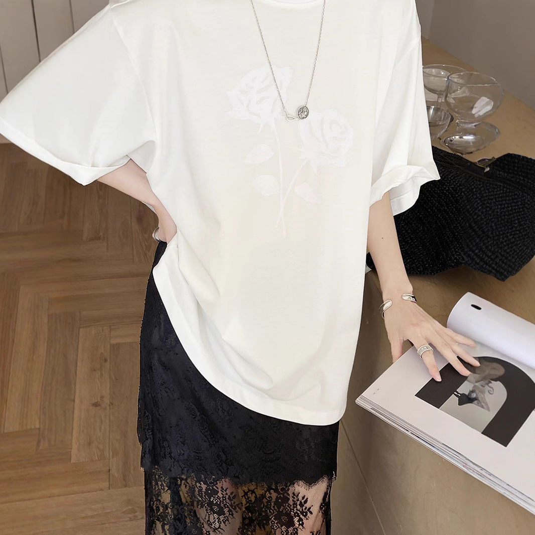 Dame afslappet oversized T-shirt med blomstermotiv Stilla