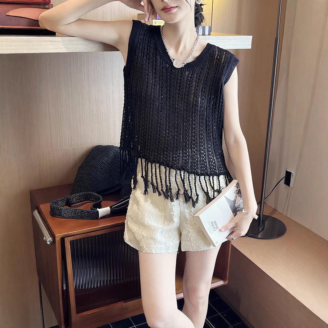 Dame elegant frynse-top i luftig netstruktur Stilla