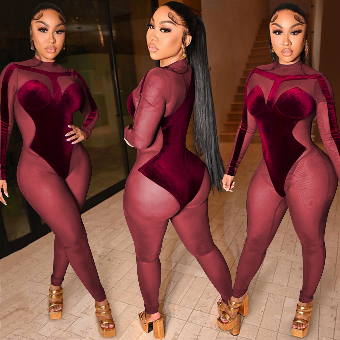 Dame Elegant Bodysuit med transparente indlæg og dyb udskæring Stilla