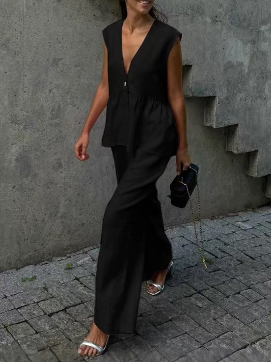 Dame afslappet linned sæt med ærmeløs overdel og bred bukseklip Stiila