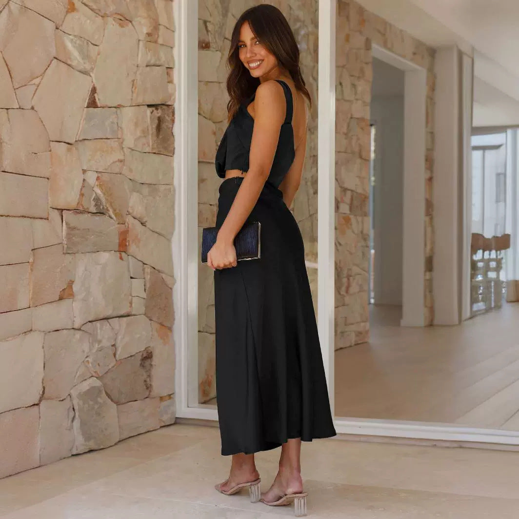 Dame elegant Crop-Top og Maxiskørt Sæt lavet af luksuriøs Satin Stilla