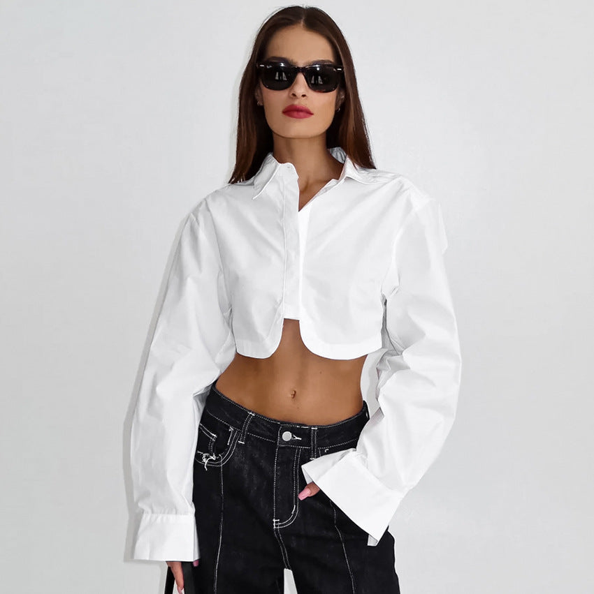 Dame cropped bluse med voluminøse ærmer og moderne krave Stilla