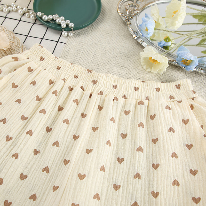 Dame Cropped Top og Nederdel-Sæt med Hjerte Motiv og Luftig Pasform Stilla