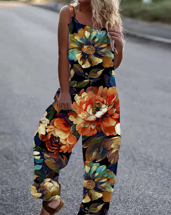 Dame Blomstret Mønstret Jumpsuit med Bred Ben og Spaghetti-Stropper Stilla